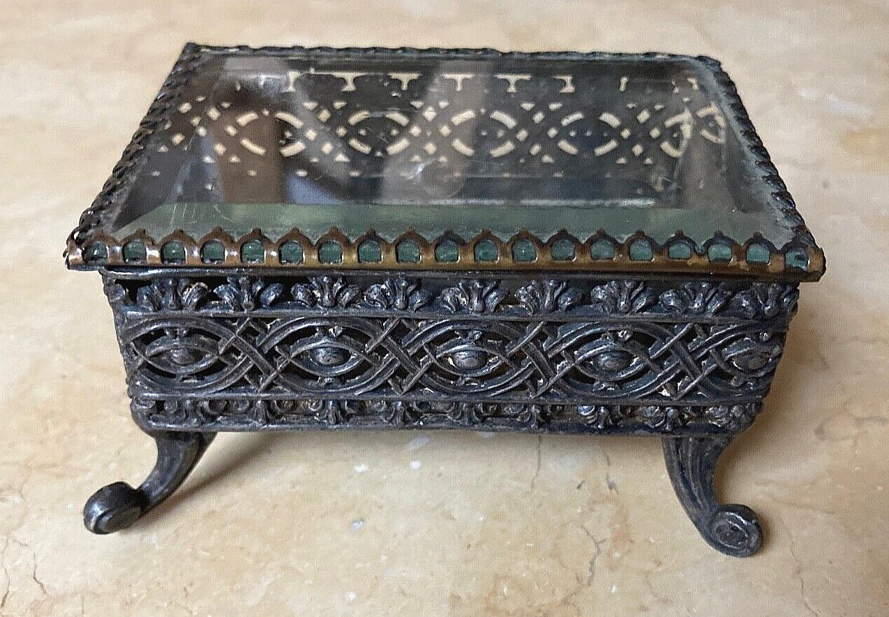 SMALL ANTIQUE LATE 1800's FILIGREE BEVELED GLASS LID FOOTED JEWELRY BOX
