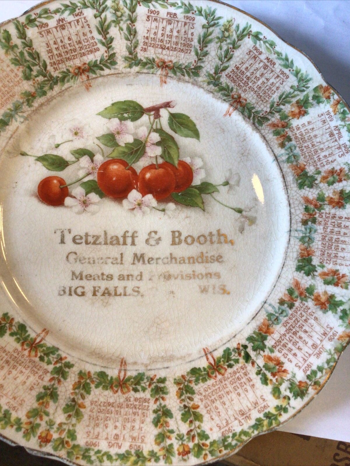 BIG FALLS WISCONSIN PLATE TEZTLAFF BOOTH 1909 Calendar  Meats WI WIS ADVERTISING