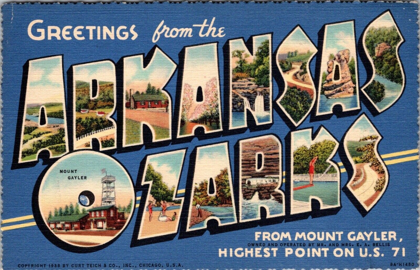 Large Letter Vintage Postcard Greetings Arkansas Ozarks MOUNT GAYLER JA2