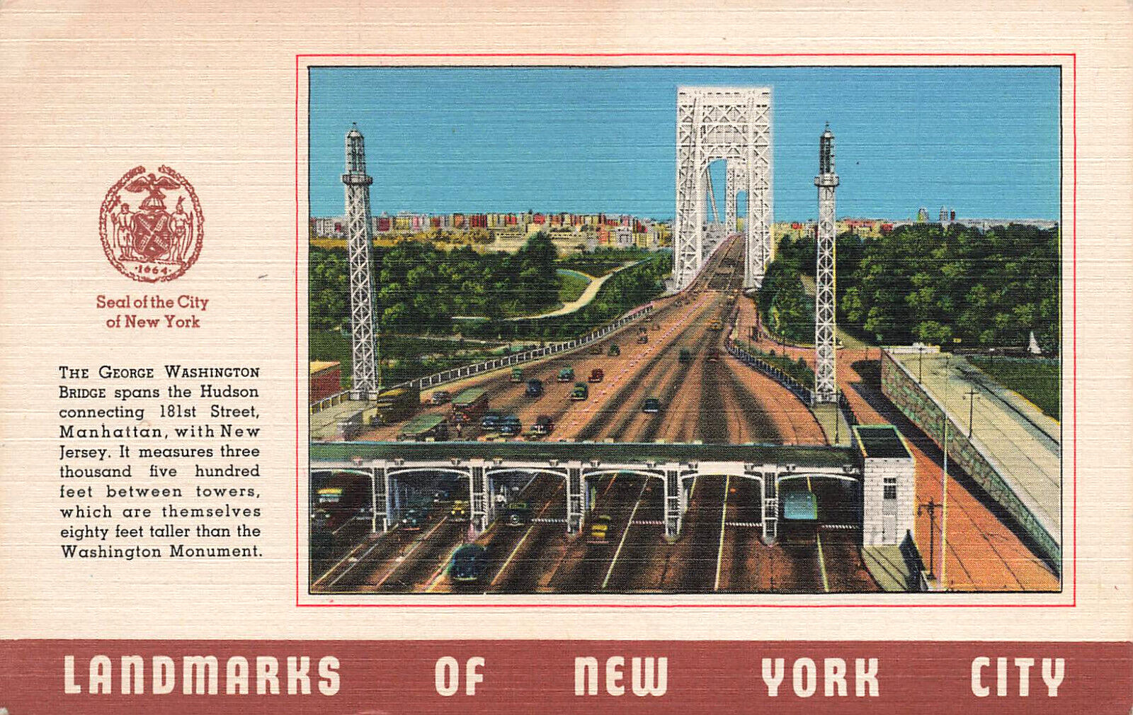 Vintage New York City Postcard George Washington Bridge Aerial View Linen c1944