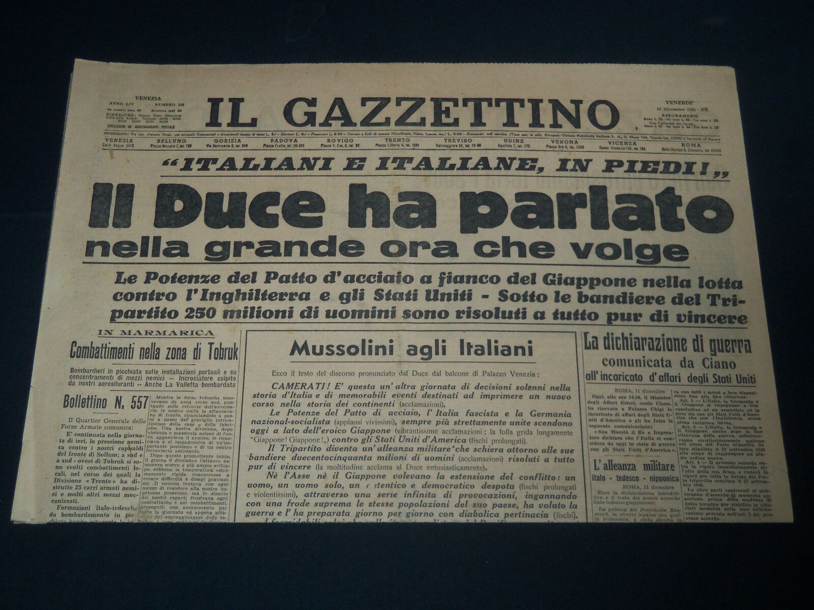 1941 DECEMBER 12 IL GAZZETTINO - IL DUCE HA PARLATO - ITALIAN - NP 3875
