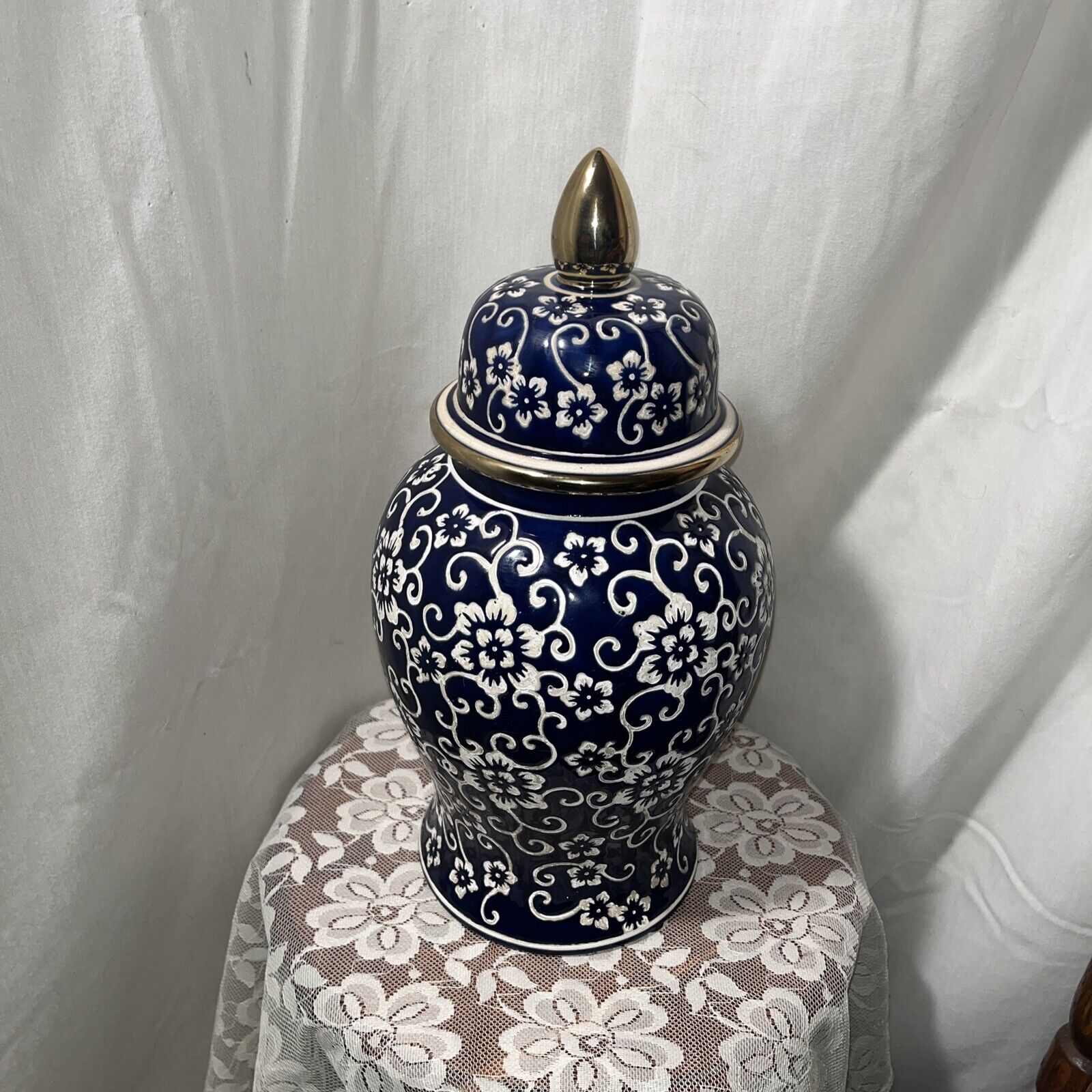 Temple Jar Large Ginger Jar 14” Blue White Gold Floral Textured 