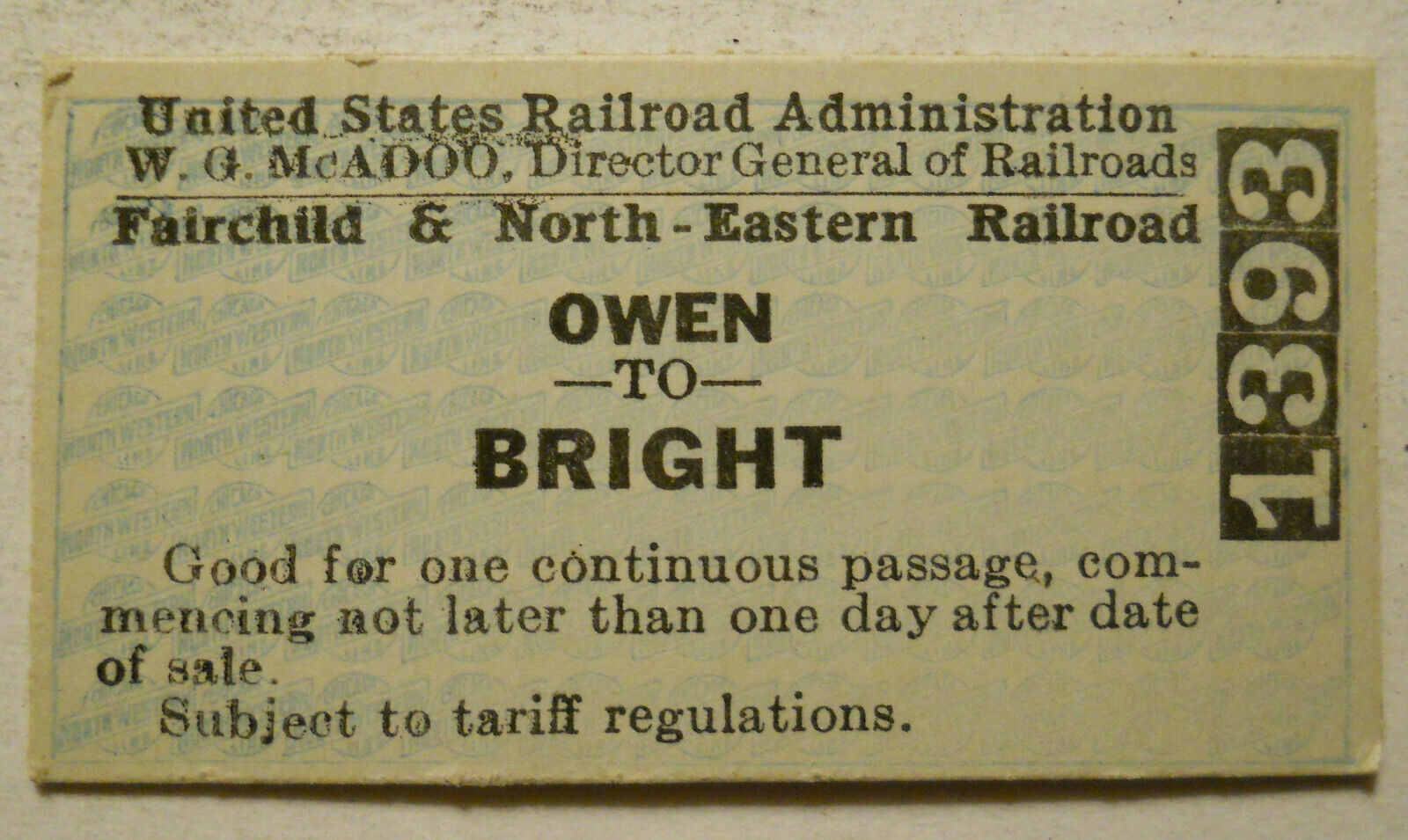 Unused Fairchild & North Eastern Railway Ticket Owen - Bright (Wisconsin)