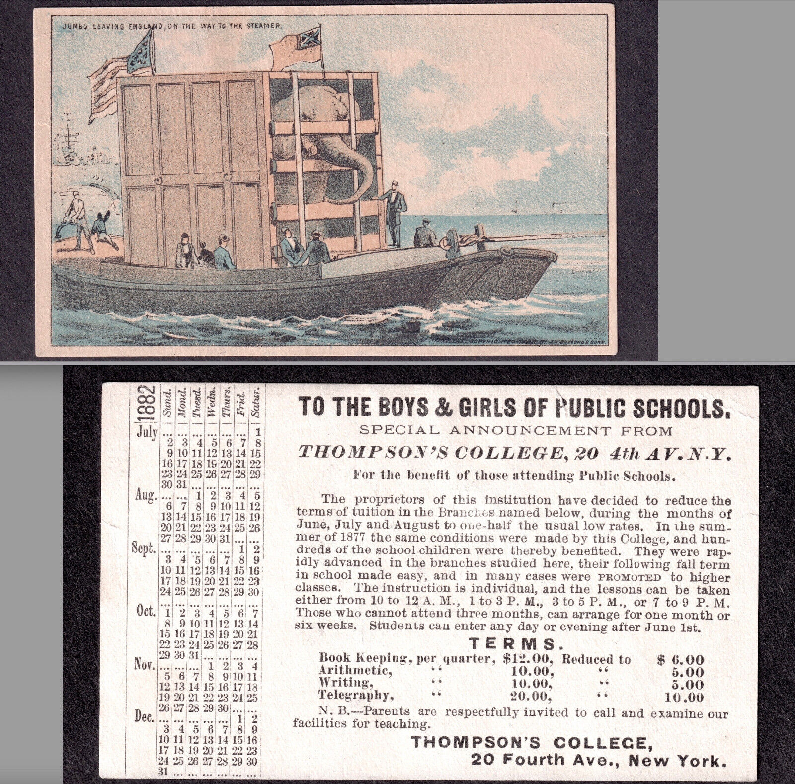 NY City 1882 School Calendar Thompson Business College Jumbo Elephant Trade Card