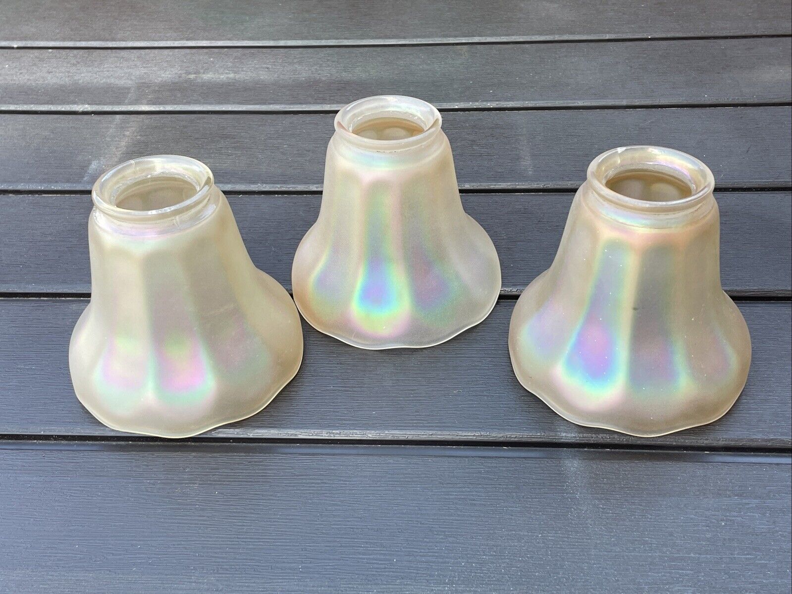 Set 3 Antique Vtg Nuart Art Glass Lamp Shades Aurene Iridescent Deco Craft 2 1/4