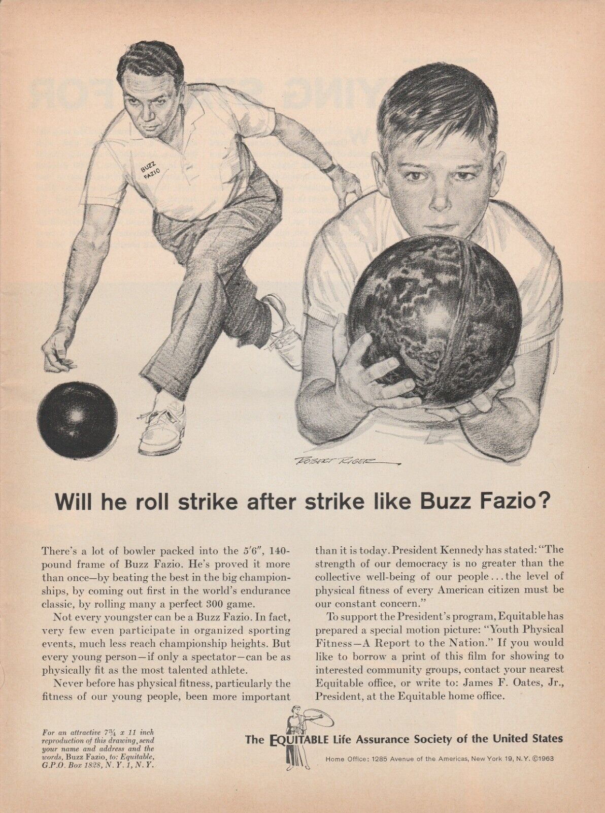1963 Equitable Life Vintage Print Ad Sports Illustrator Robert Riger Buzz Fazio