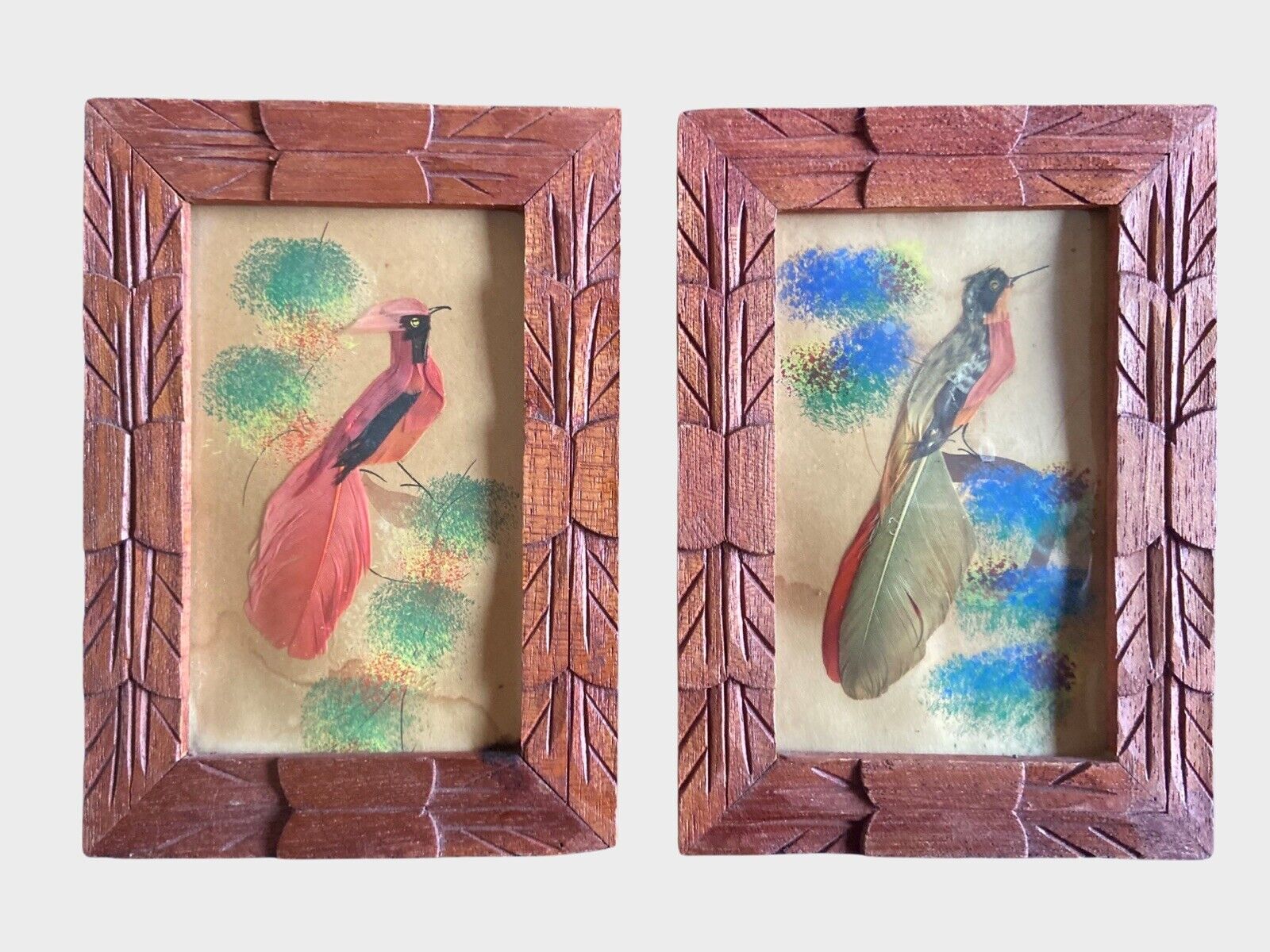 Pair Feather Folk Art Vtg Bird Pictures Genuine Mexico Hand Carved Frames