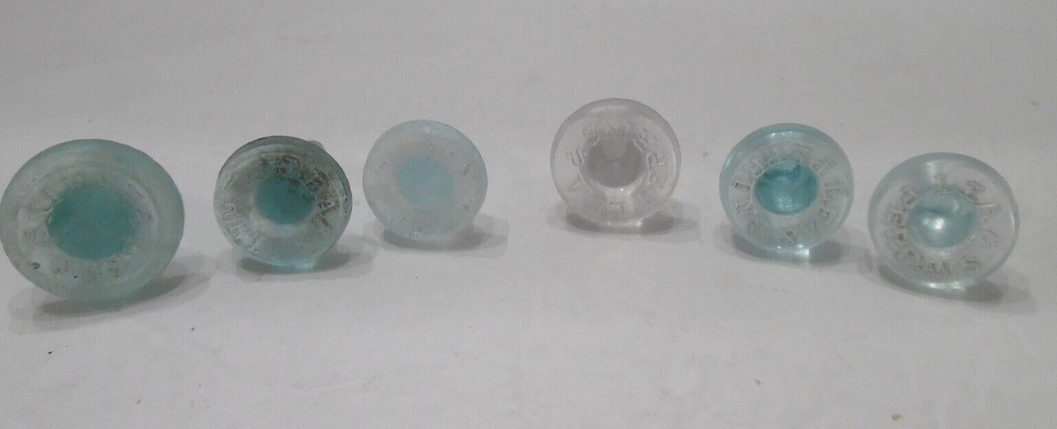 Lot of 6 Antique Lea & Perrins Aqua & Clear Glass Bottle Stoppers