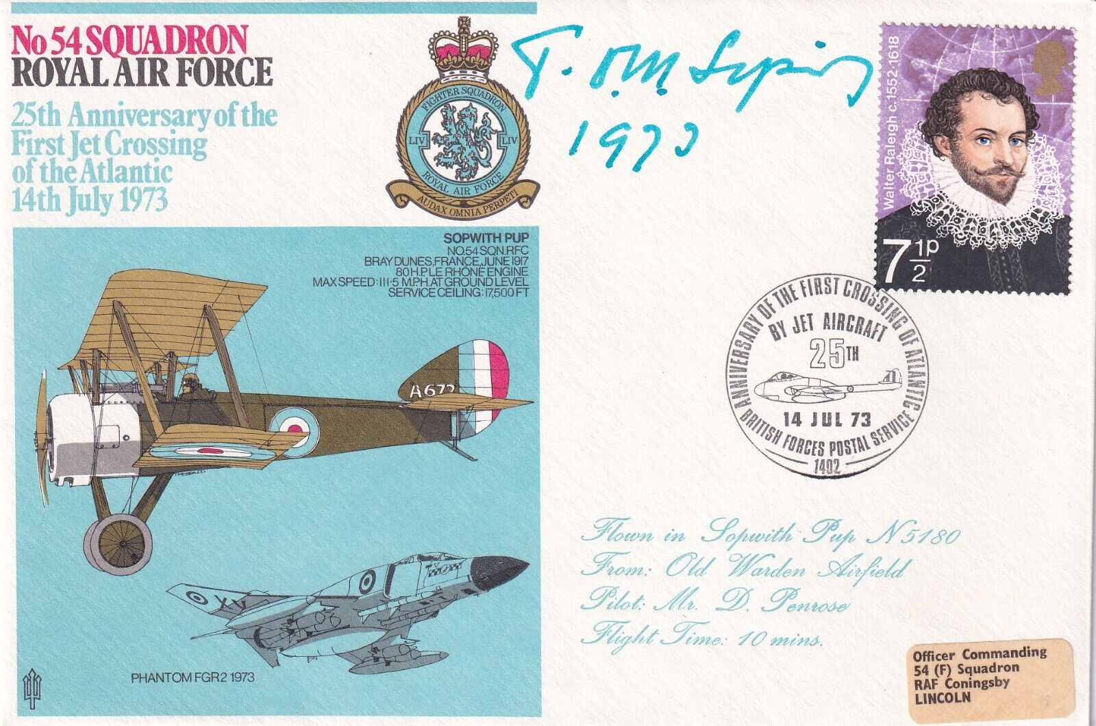 RAF13c  54 Sqn Sopwith Cover  Signed Sir Thomas Sopwith. Designer