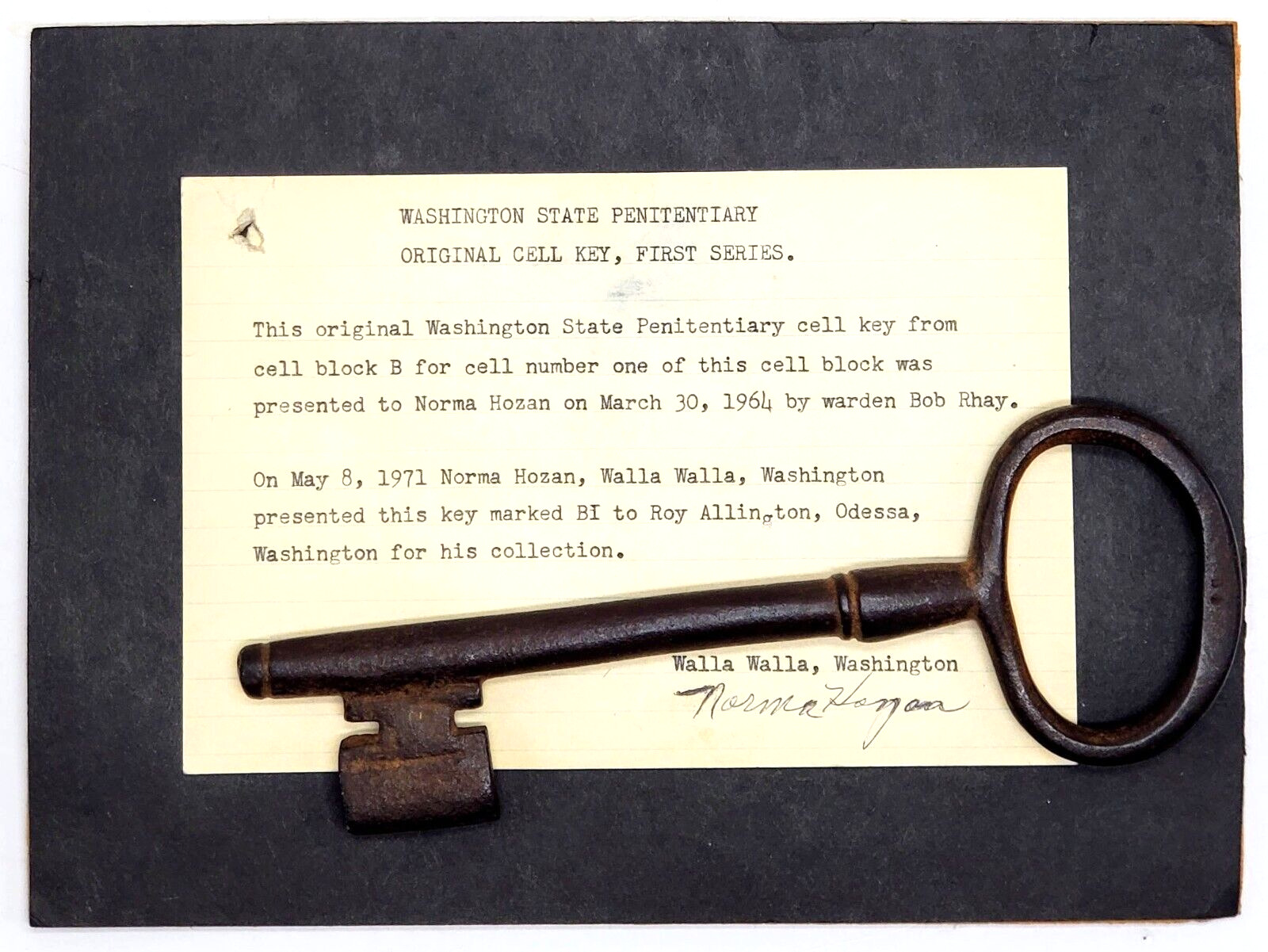 Antique Washington State Penitentiary Prison Cell Key Walla Walla w Provenance