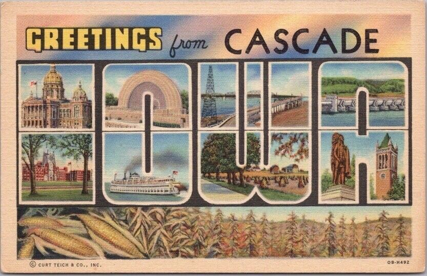 Vintage 1940 CASCADE, IOWA Large Letter Postcard Multi-View / Curteich Linen