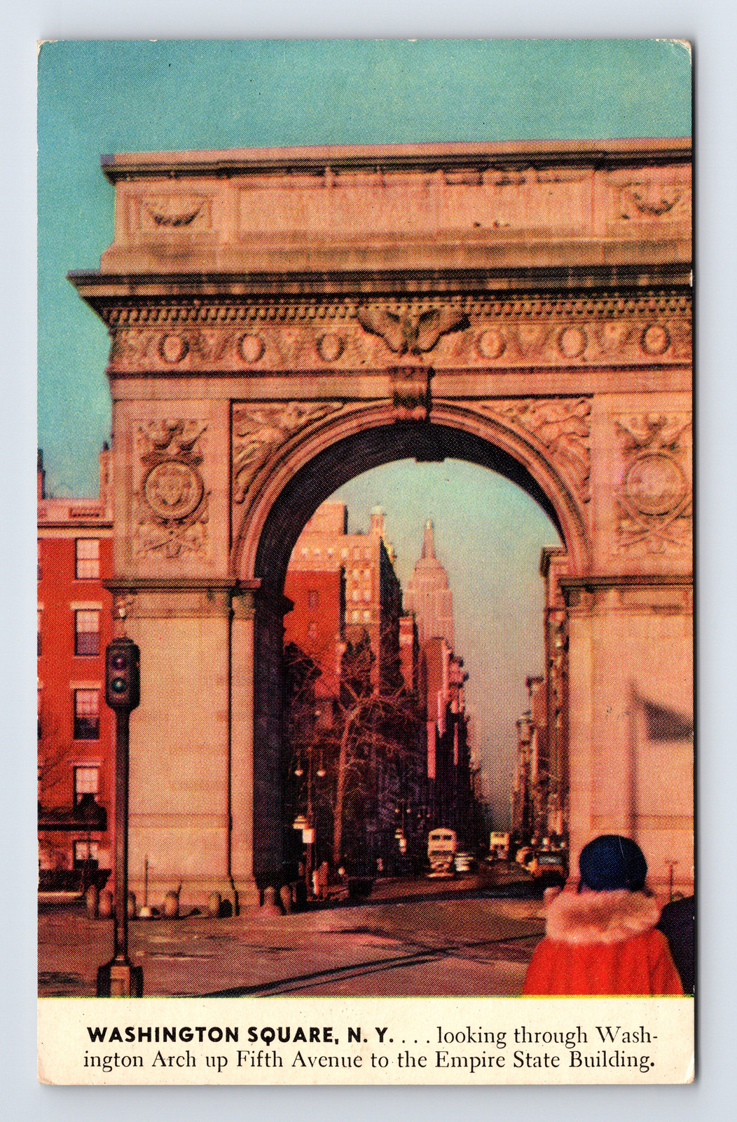 c1939 New York NY Washington Square Arch Macy Color Views Postcard