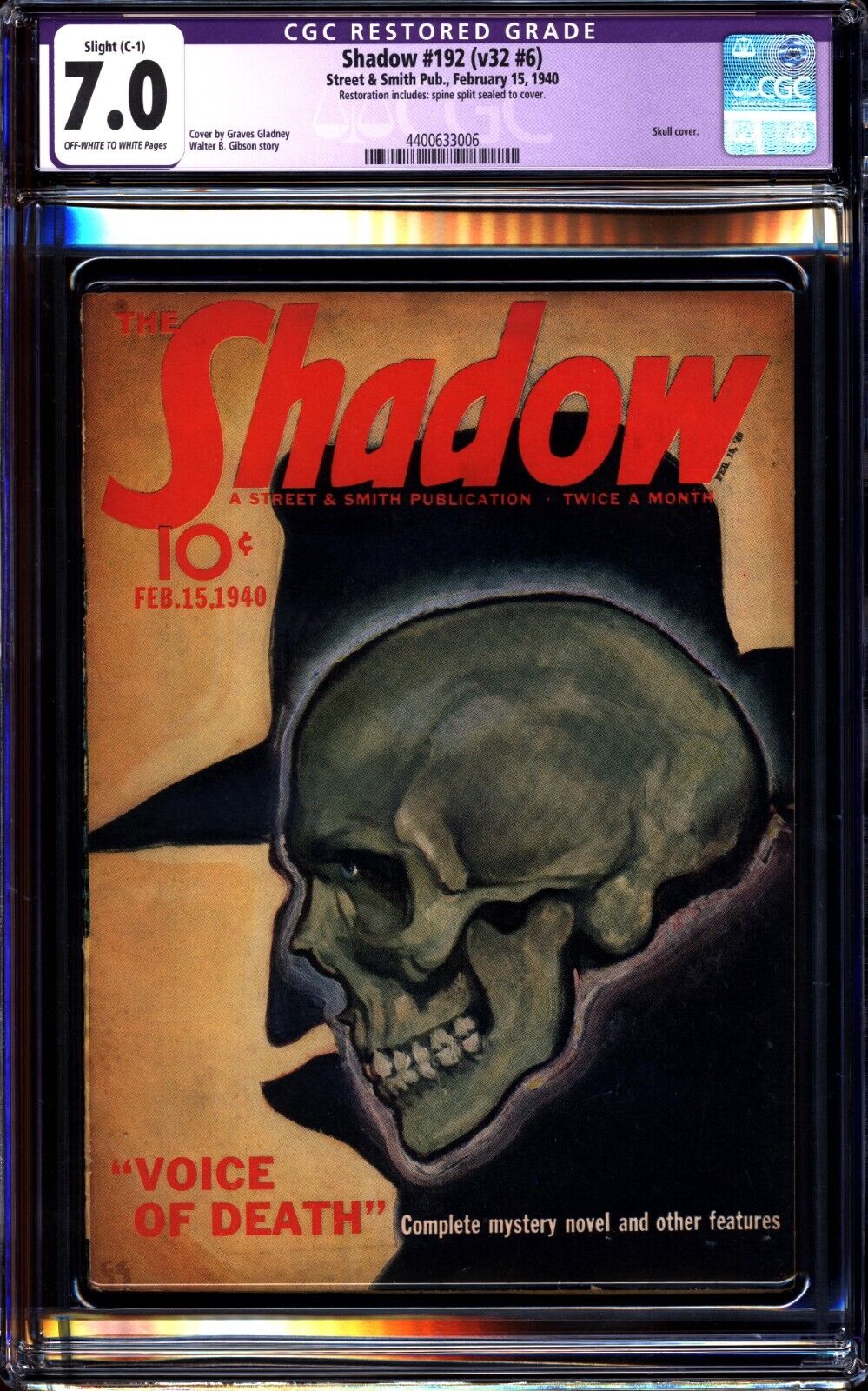 Shadow Pulp 192 (V32 #6) CGC 7.0 Classic Skull cover February 1940 slight C-1