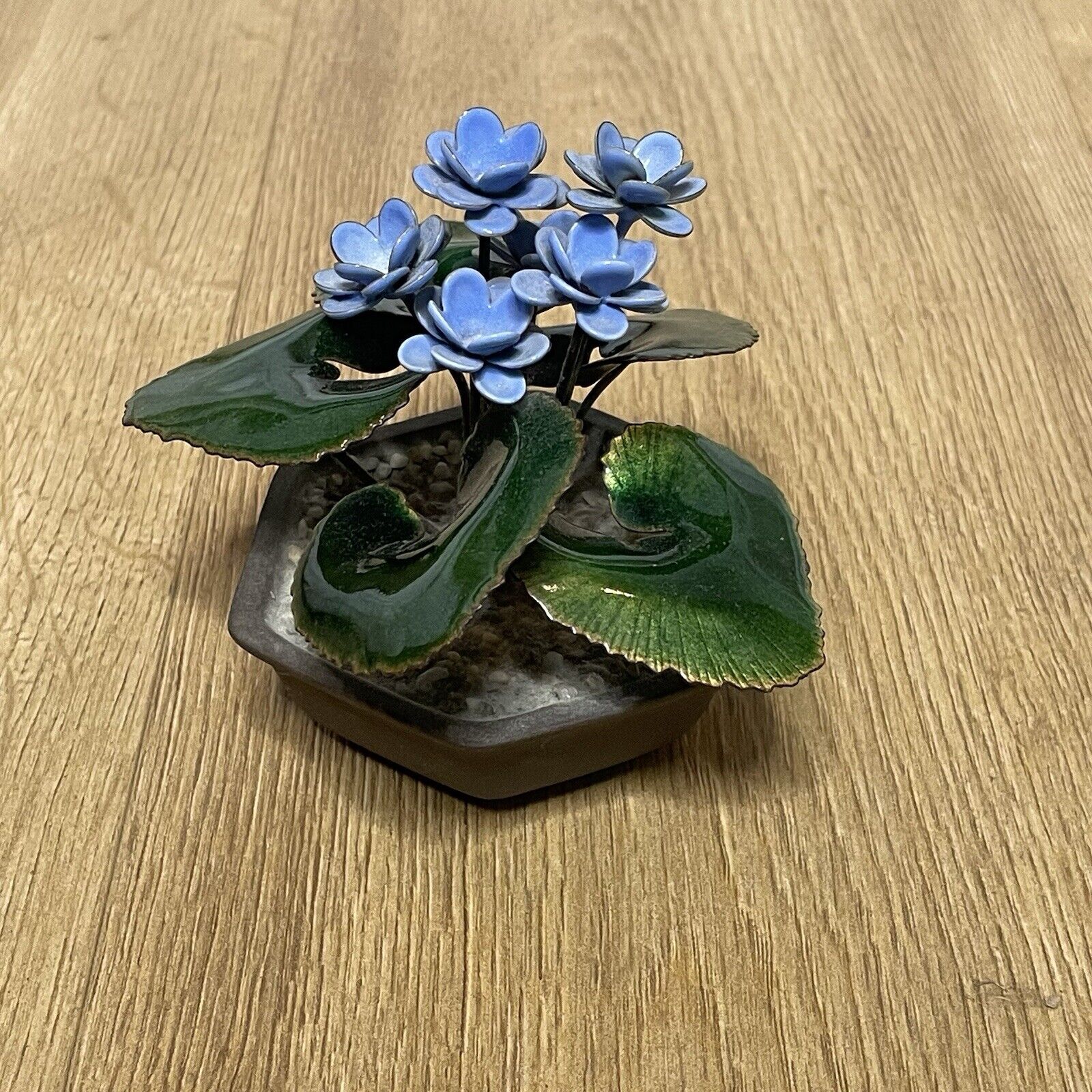 BOVANO Cheshire Enamel On Copper Potted African Violet Plant Sculpture Vintage