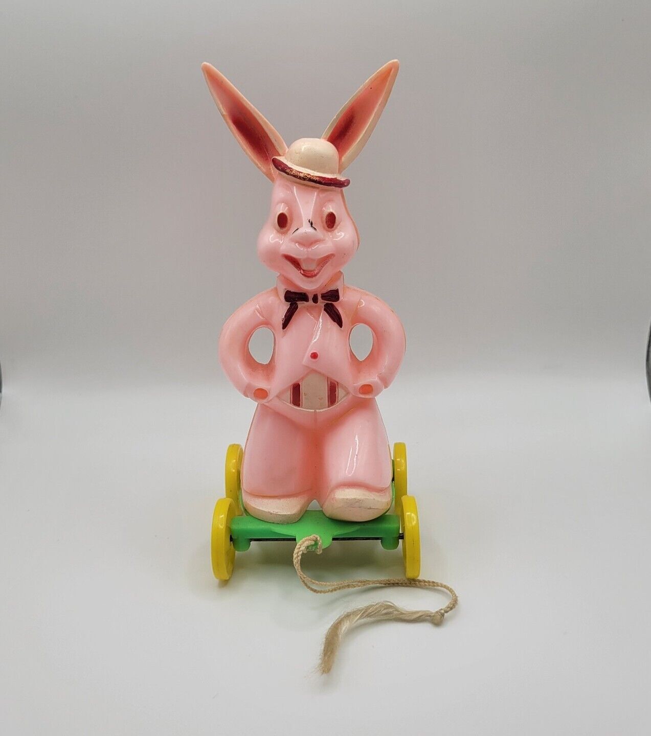 Vtg 50s Rosbro Pink Easter In Hat Bunny Wheels Hard Plastic Pull Toy Kids 6.5