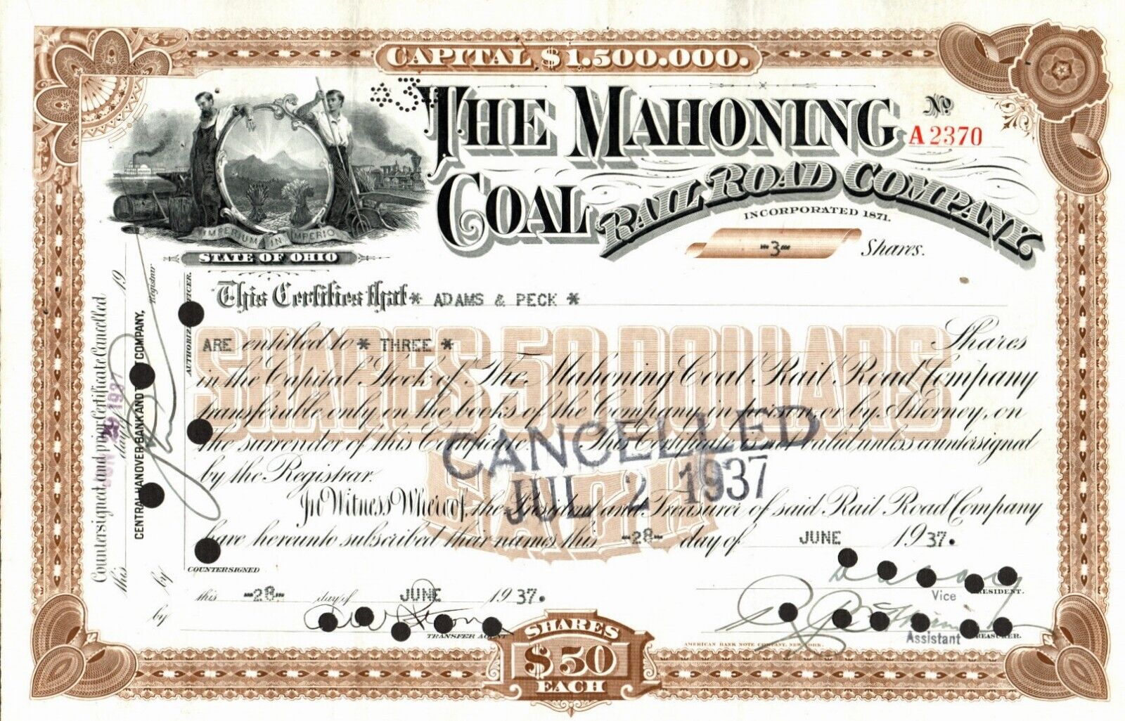 The Mahoning Coal Railroad Co - Original Stock Certificate - 1937 - A2370
