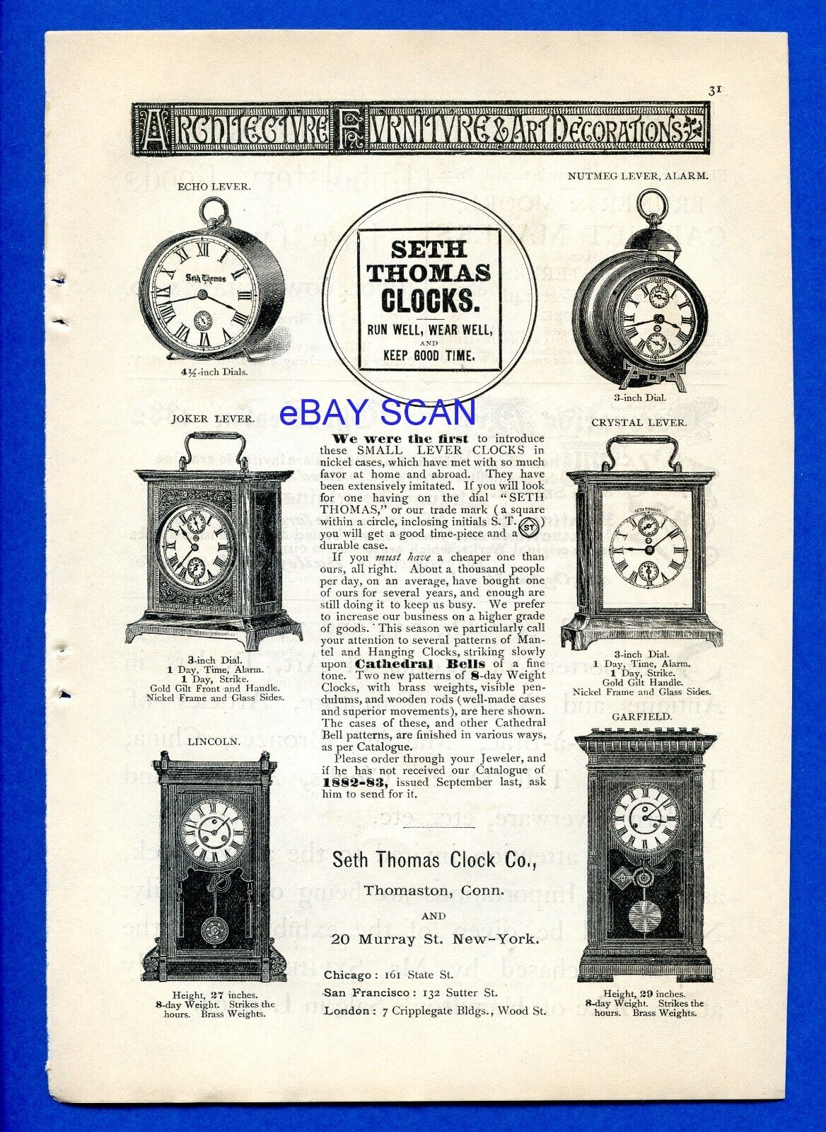 Rare original antique 1882 full page Seth Thomas Clocks print ad shows 6 models