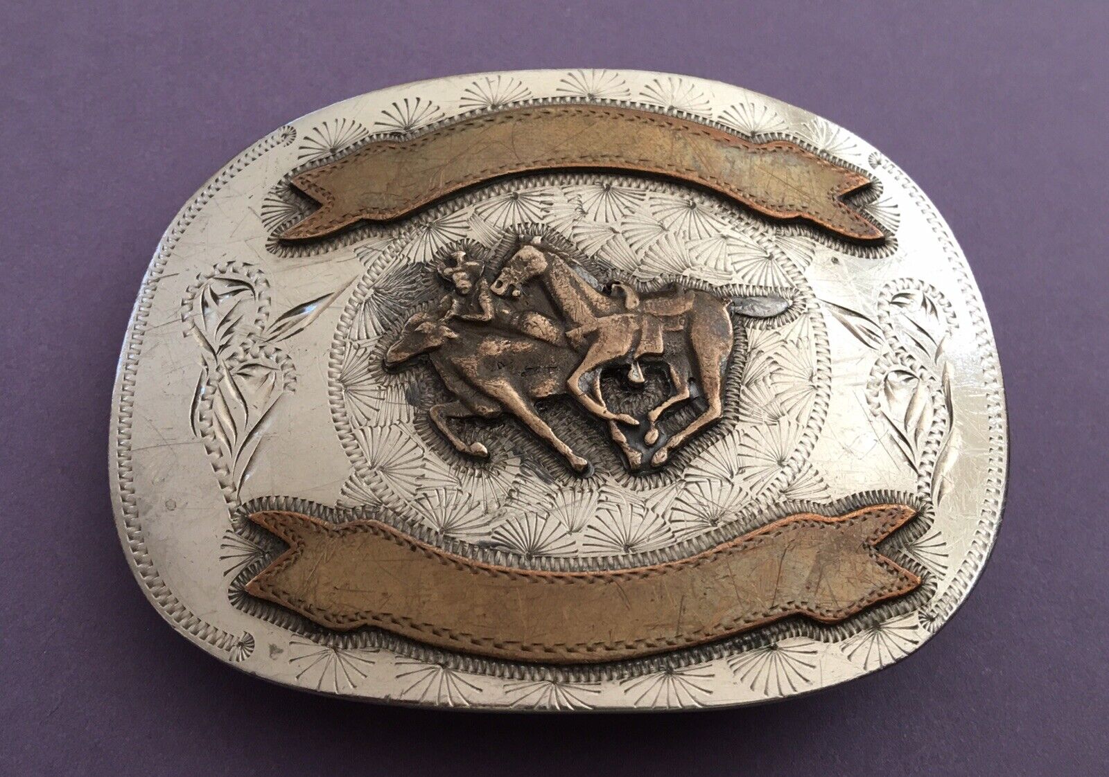 Old Western Vintage Unbranded Silver Bull Dogging 2 Banner Trophy Belt Buckle