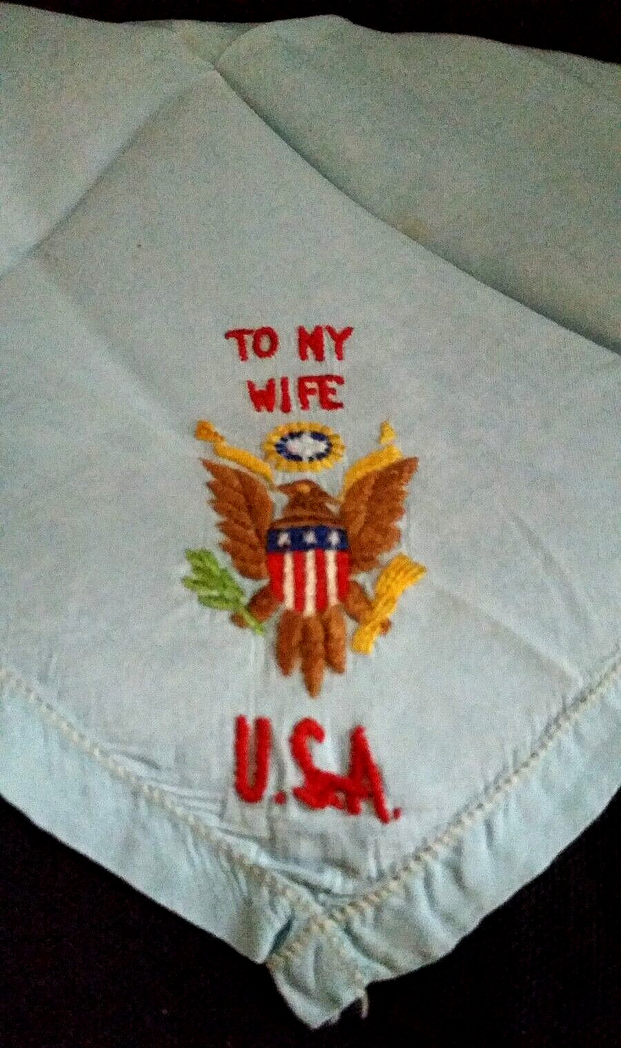 Rare Antique WW11 Handkerchief Wife Embroidery Eagle USA 1940’s