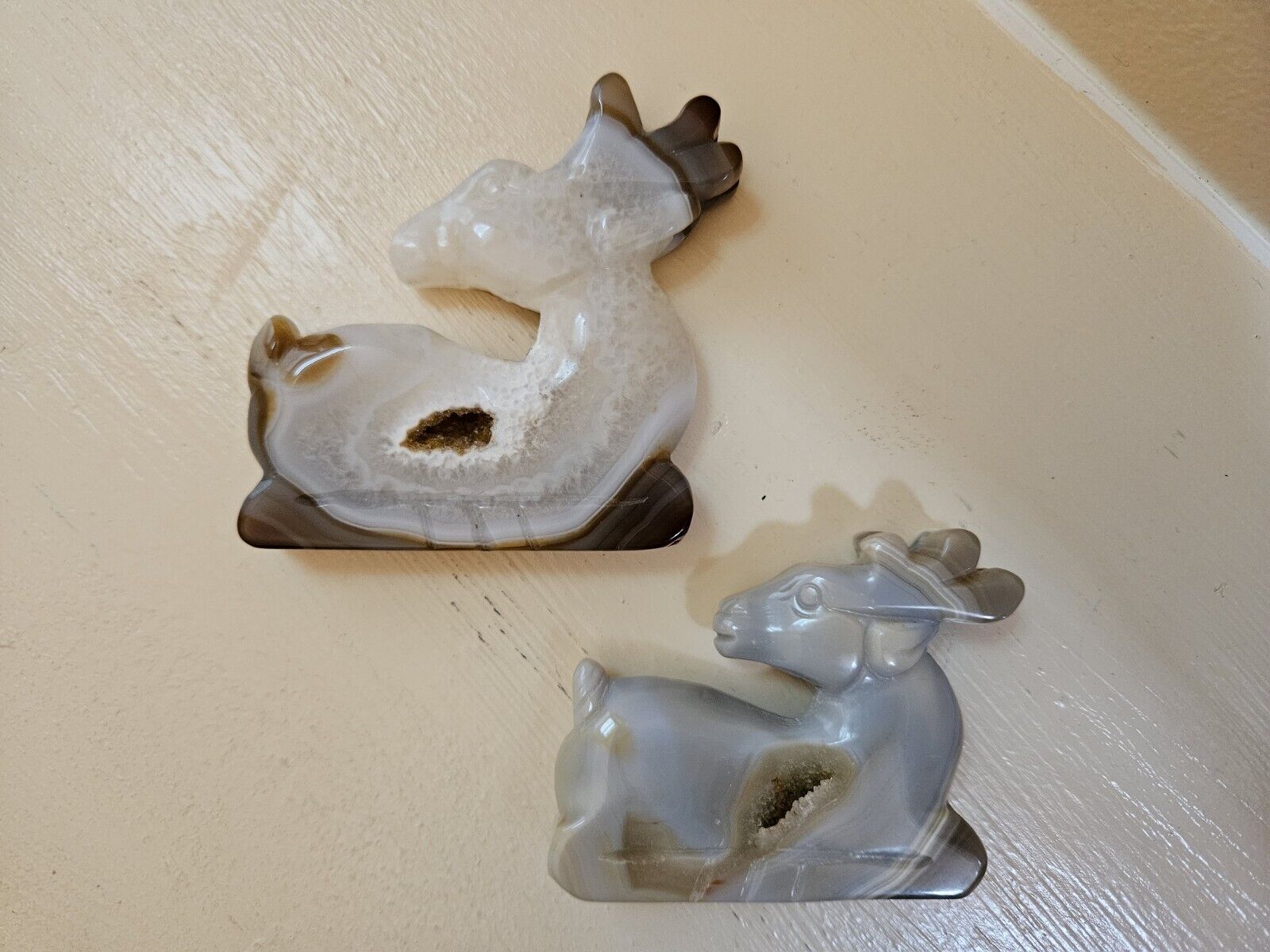 Set Of Two Unique Druzy Agate Crystal Deer Carvings W Beautiful Banding, Magical