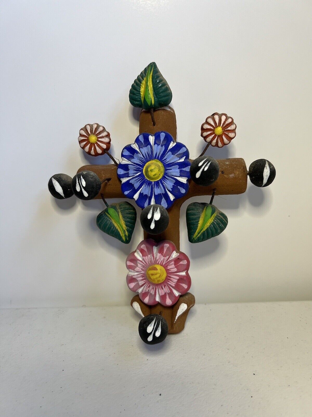 Mexican Colorful  Clay Cross 9 Inches Tall Catholic Easter Flowers Mothers Day