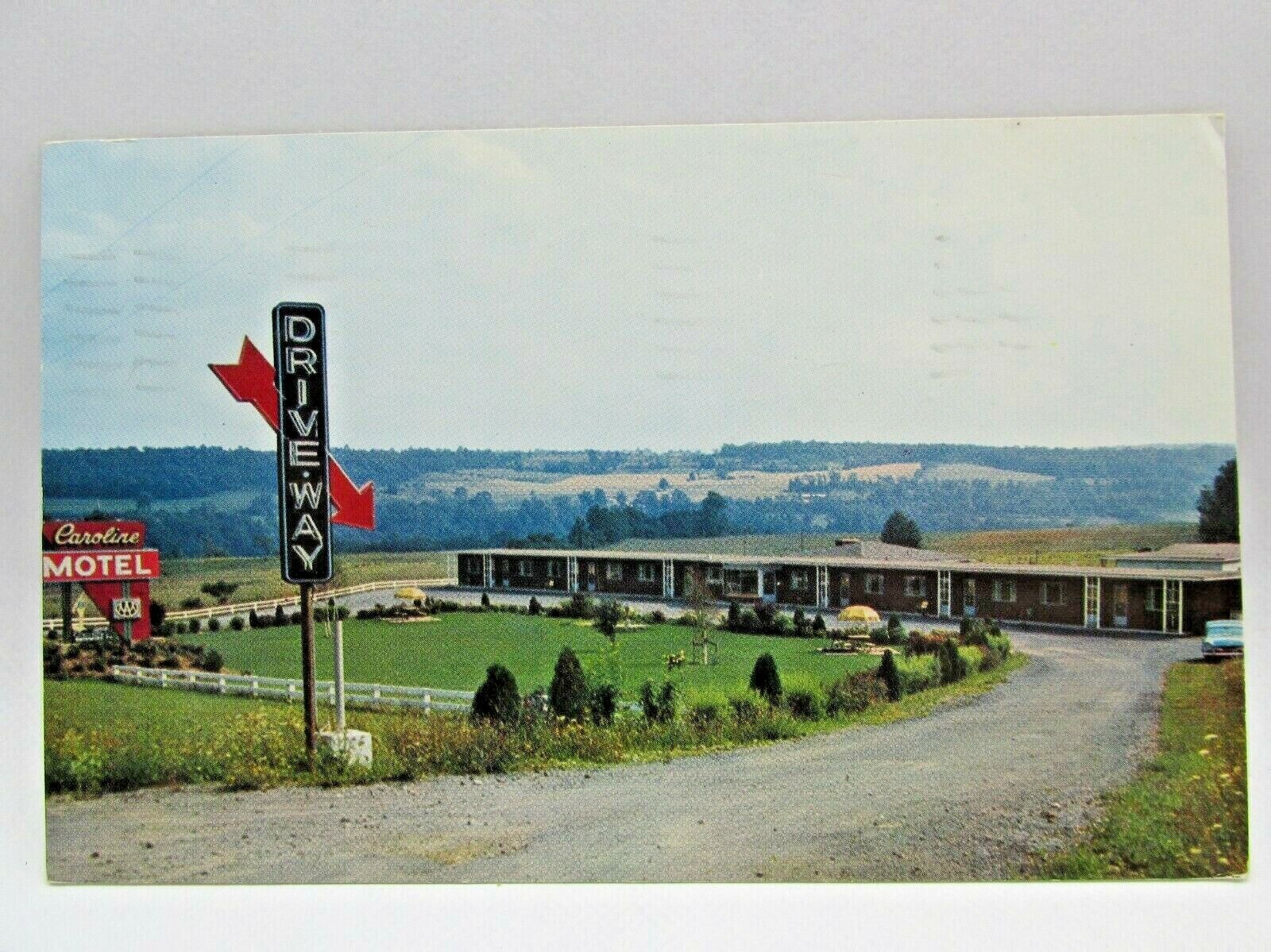 Postcard~Camillus New York~Motel Caroline~Routes 5 and 20~Neon Sign~Posted 1958