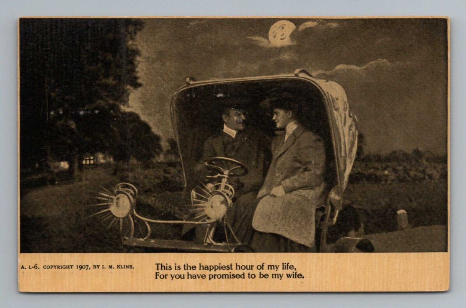 1907 Man in Moon Couple in Car Kline Vintage Postcard
