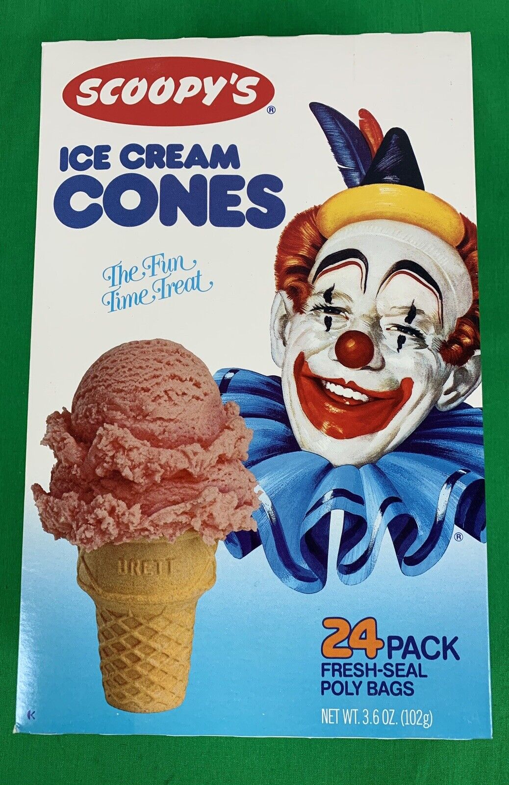 NOS 1984 Vintage Scoopy’s Clown Ice Cream Cones, Sealed Box of 24 cones