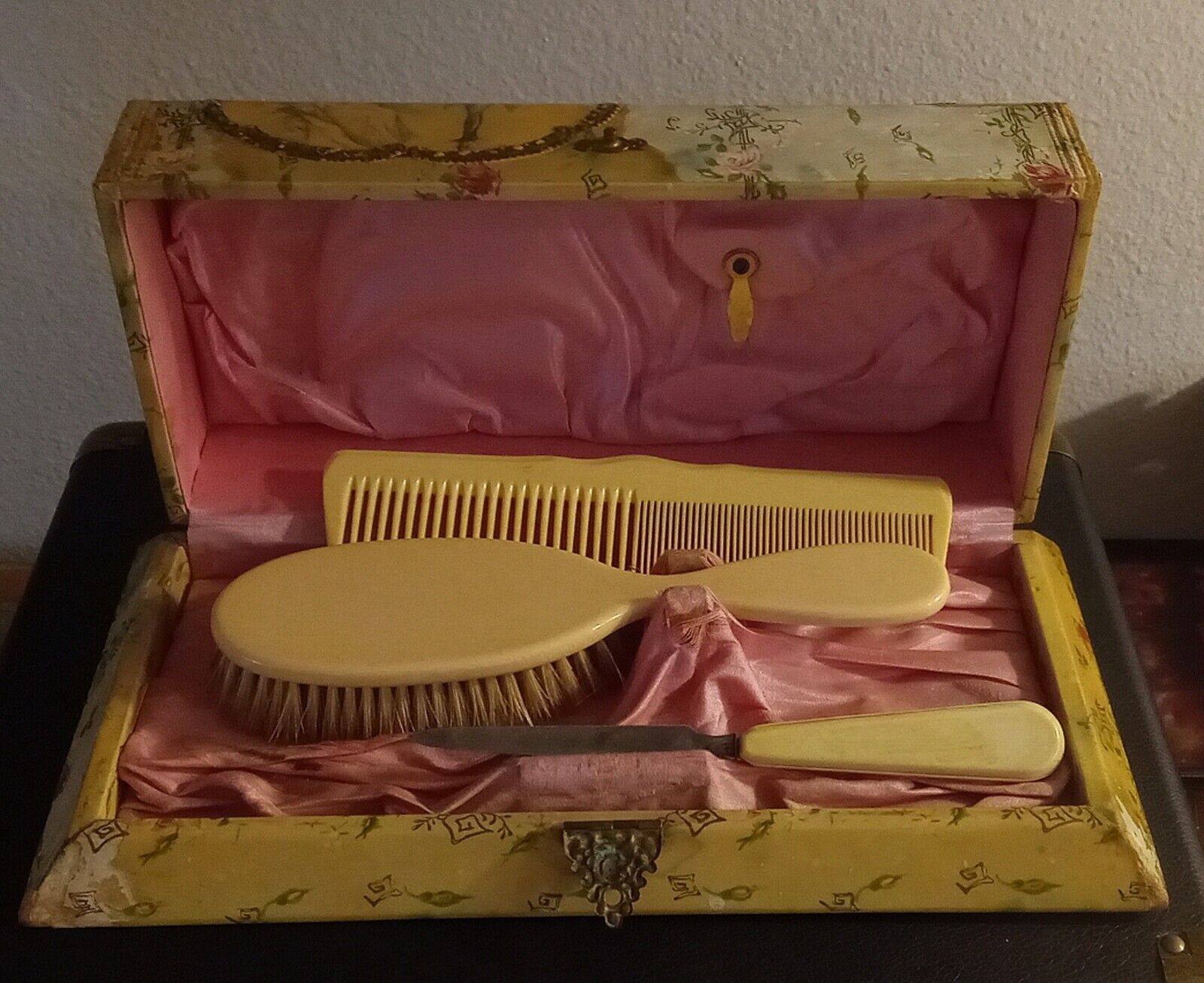 Antique Edwardian Celluloid French Ivory Hair Brush, Comb, Nail File Set w/Box