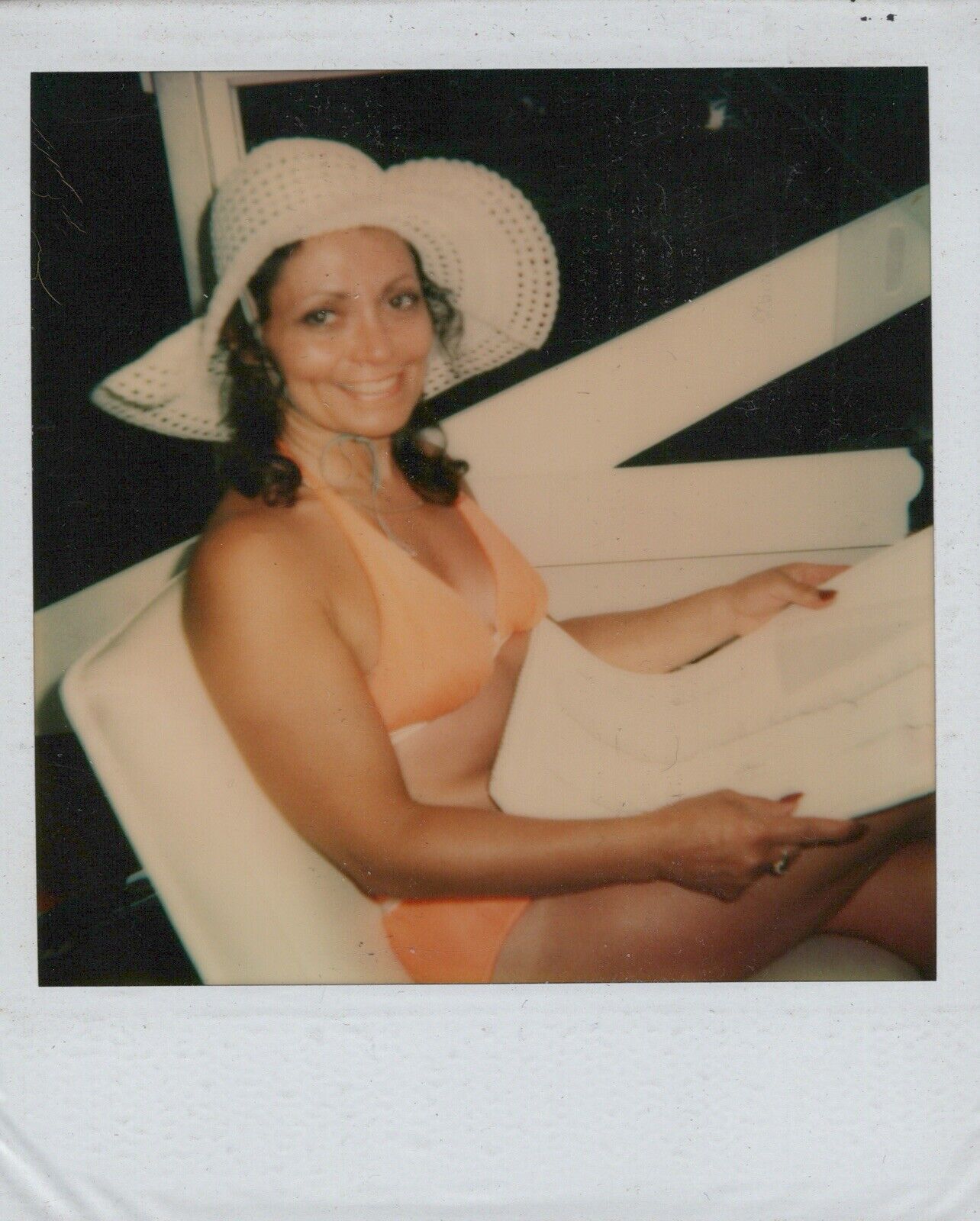 Hot Brunette Bikini Hat Night Time With Map 1980 Polaroid Photo