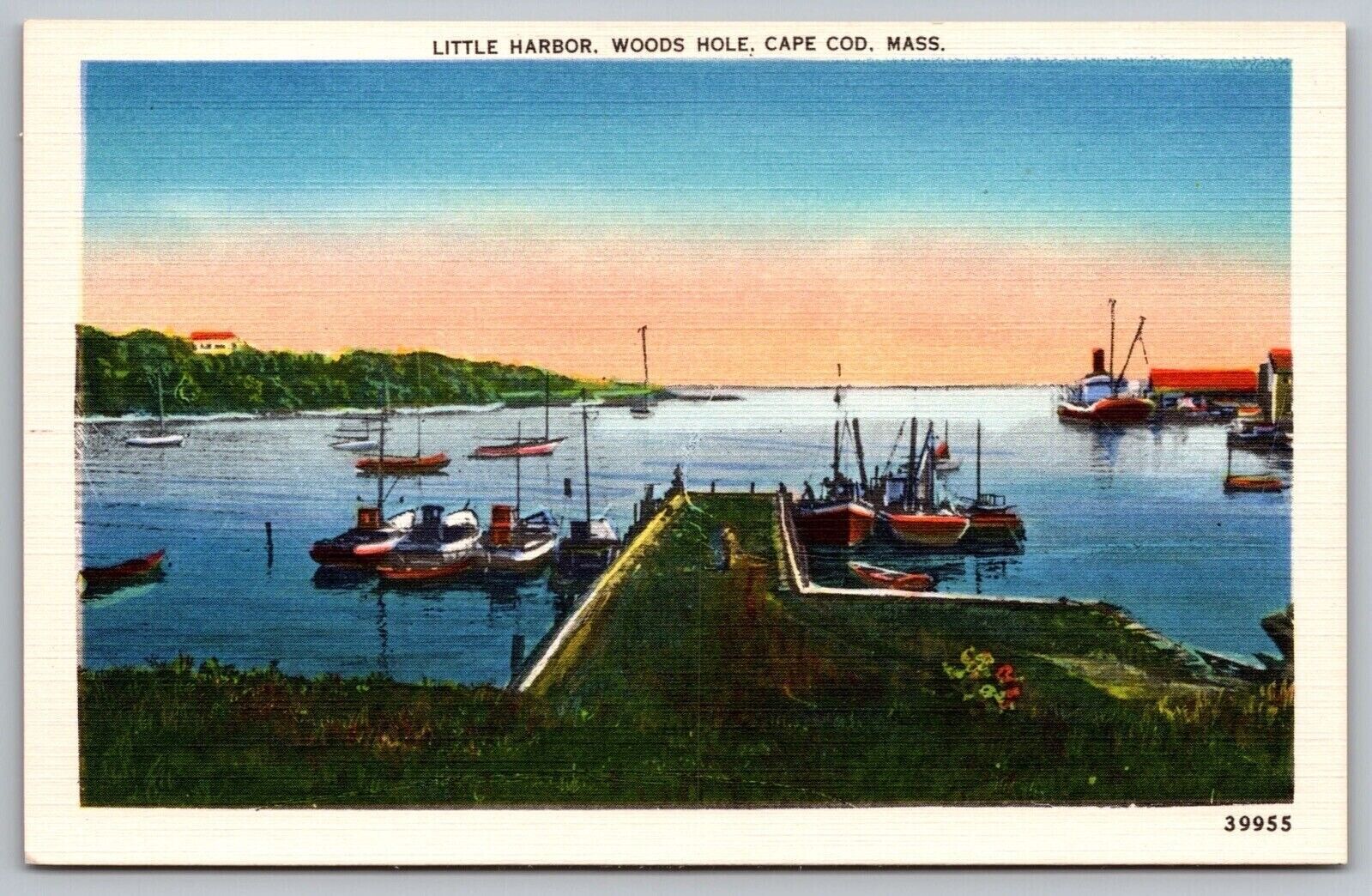 Little Harbor Woods Hole Cape Cod Massachusetts Waterfront Boats Linen Postcard