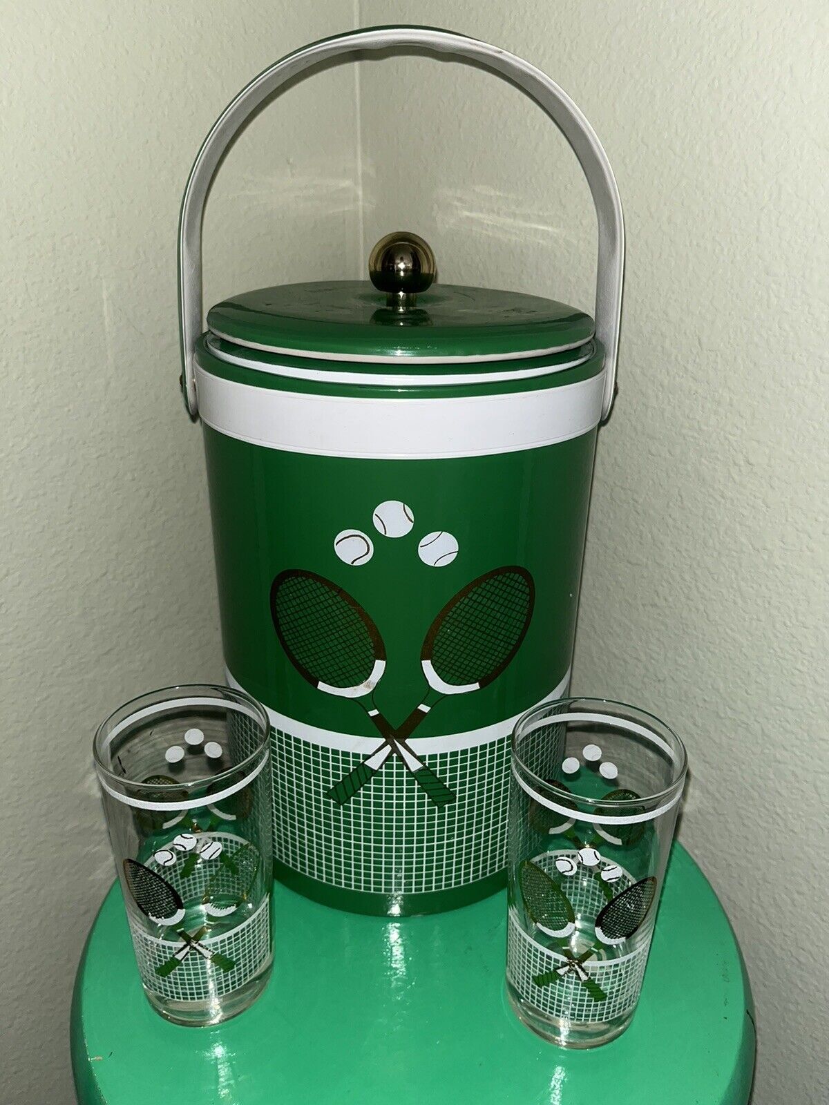 Vintage Tennis Ice Bucket With Glasses Green Rackets Balls