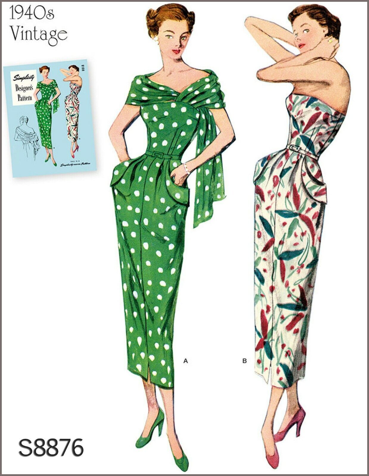 S8876 Simplicity Designer's Sewing Pattern Vintage 1940's Dress Stole Sz 10-18