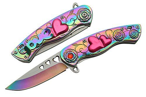 Cupid Heart Ladies Rainbow Assisted Open Pocket Knife LOVE Pocket Clip Beautiful