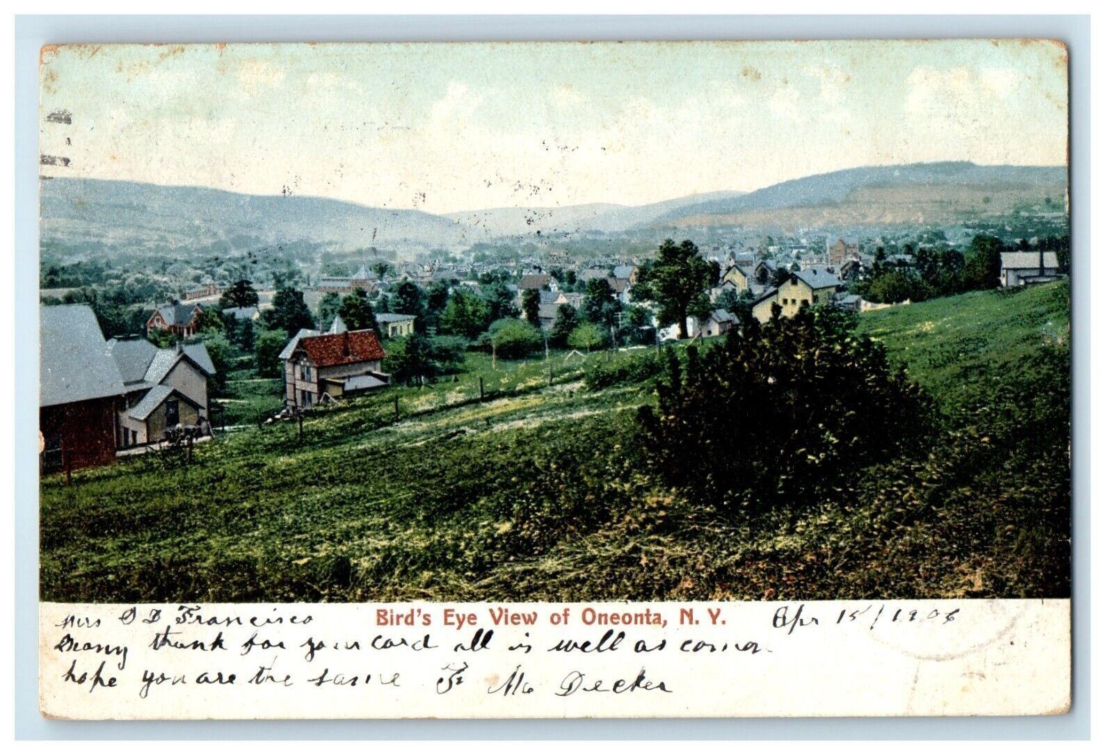 1906 Bird's Eye View of Oneonta New York NY Posted Antique Postcard