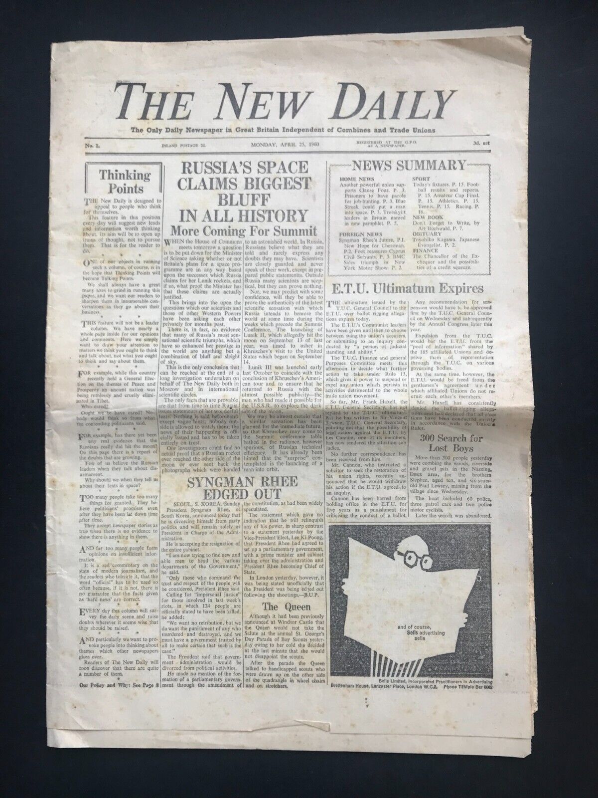 1960 THE NEW DAILY Newspaper Edward Martell UK Politics Trade Unions Finance