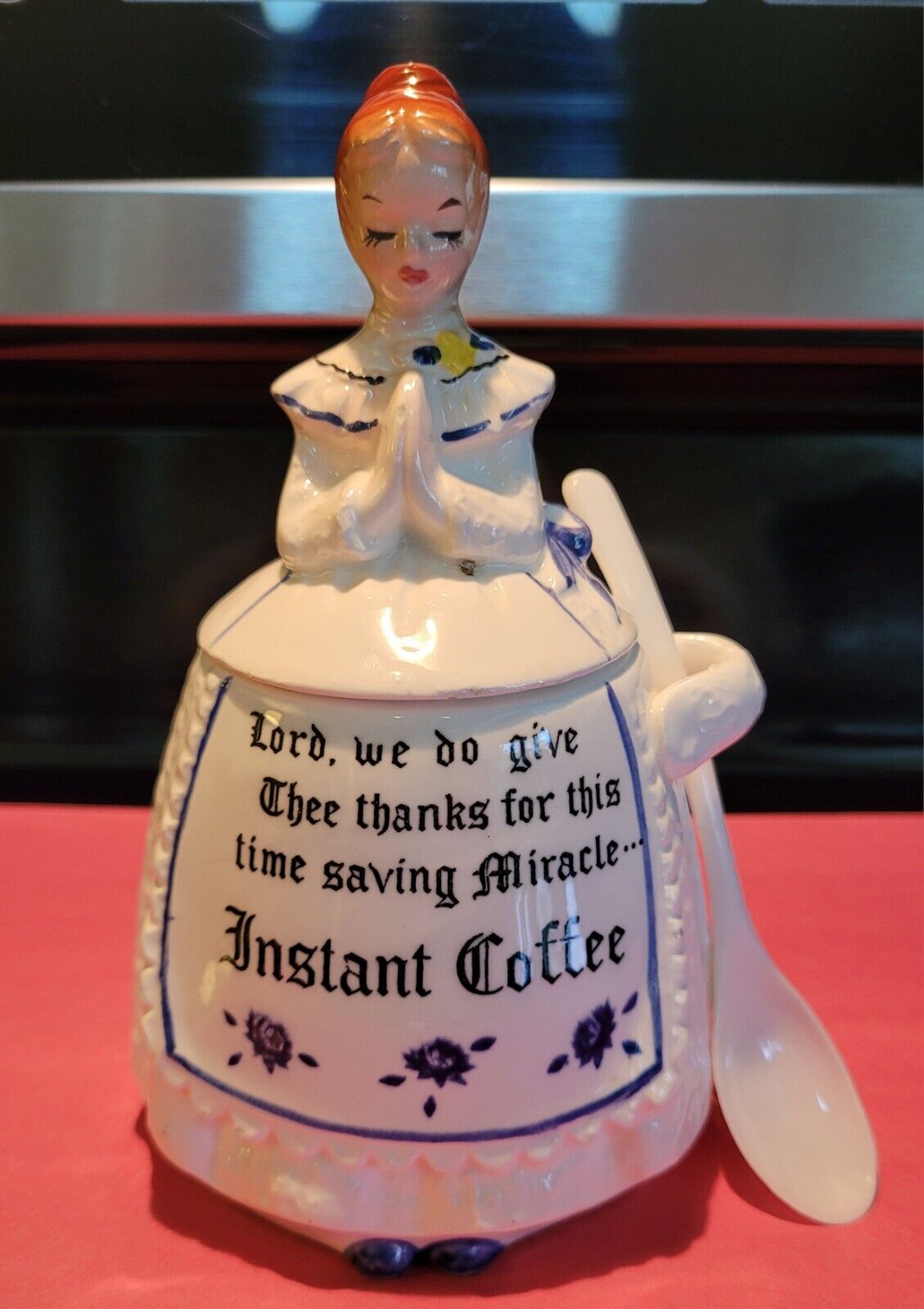 Rare White / Blue TrimVintage Enesco Kitchen Prayer Lady Instant Coffee Canister
