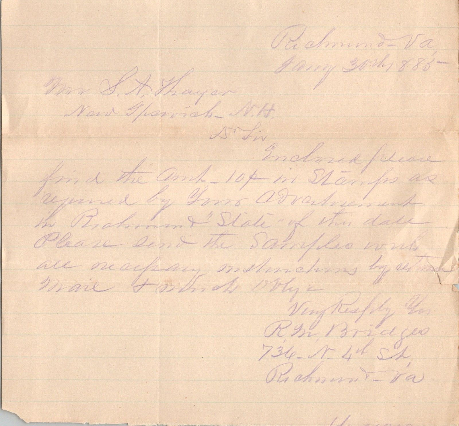 Handwritten Letter Signed R M Bridges Richmond VA Virginia Ephemera Paper 1885