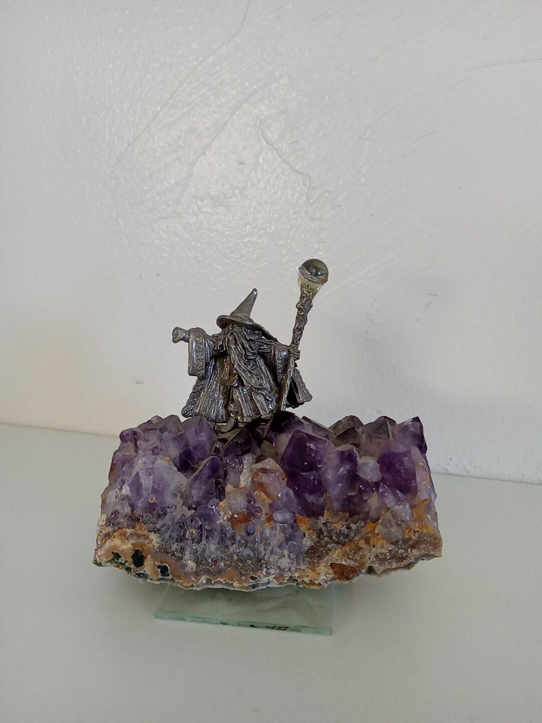 Vintage Pewter Wizard Mounted On Amethyst Geode 3\
