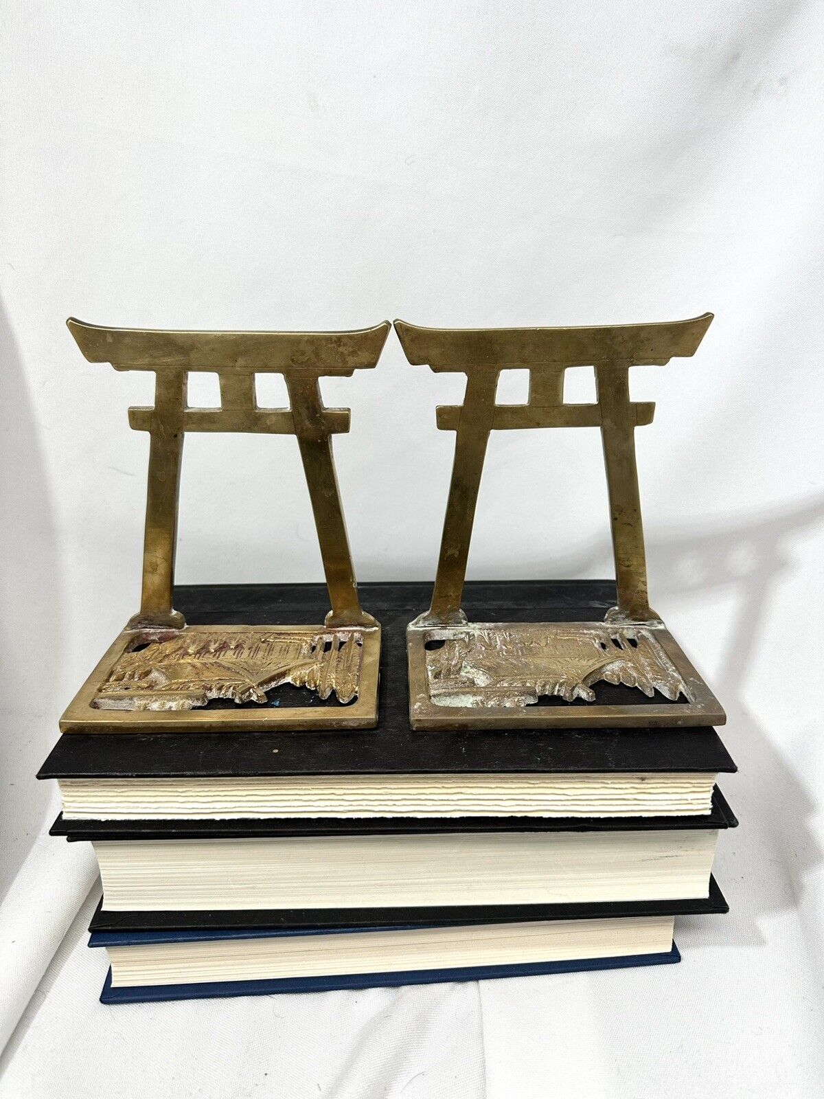 Pair Of Vintage Japanese Brass Metal Torii Gate Bookends with Temple