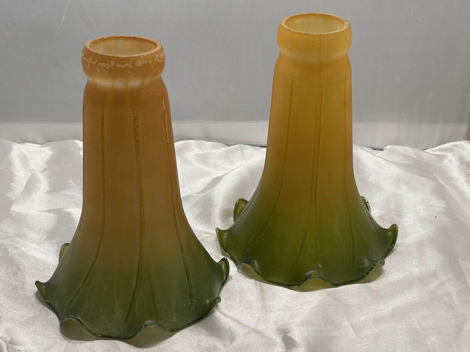Vintage Tiffany Style Lily Pad Lamp Glass Shades, Amber and Green, Lot Of 2- 6”