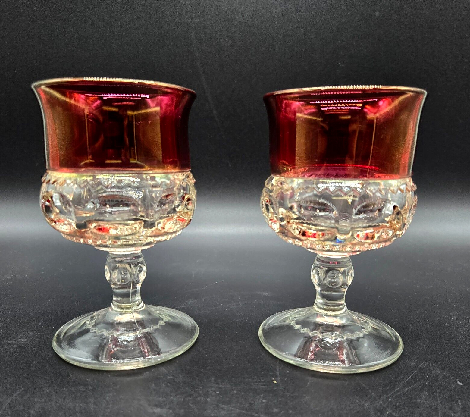 Vintage Kings Crown Indiana Glass Thumbprint Ruby Red Goblets Set of Two 4.25\