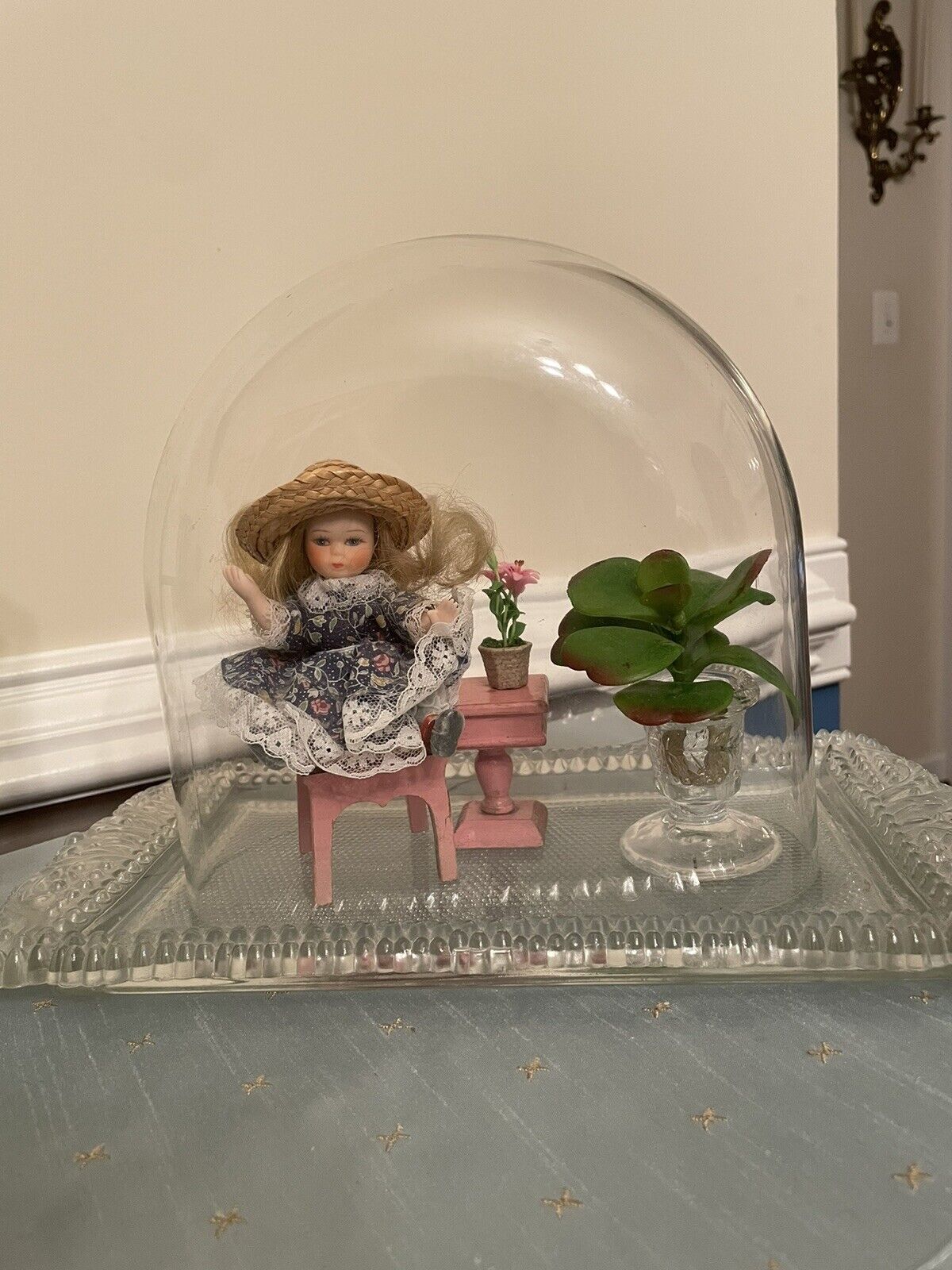 Decorative Oval Glass Dome Cloche Antique Under Tray Items Inside Not Included