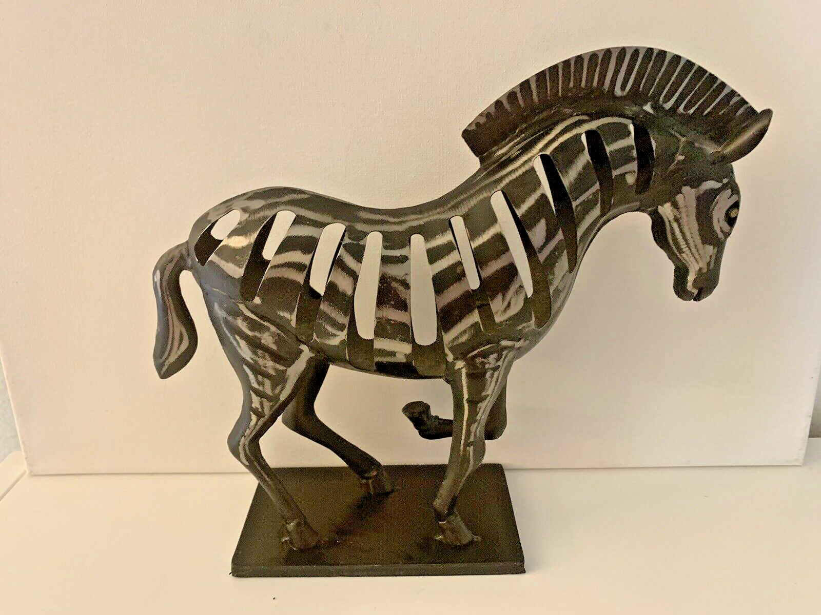 Black Metal Trojan Horse Zebra Sculpture 10\