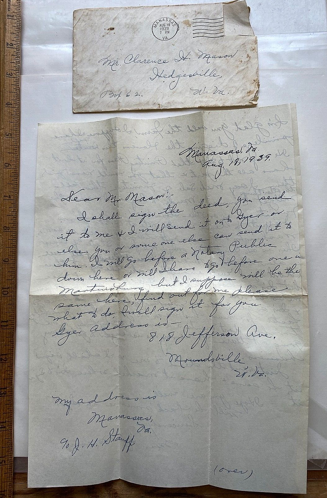 1939 Letter. Manassas, VA-Moundsville, WV  trip to See Husband (in prison there)