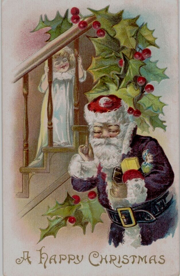 Blue Robe Santa Claus with Child~Toys~Holly~Antique~Christmas Postcard~h826