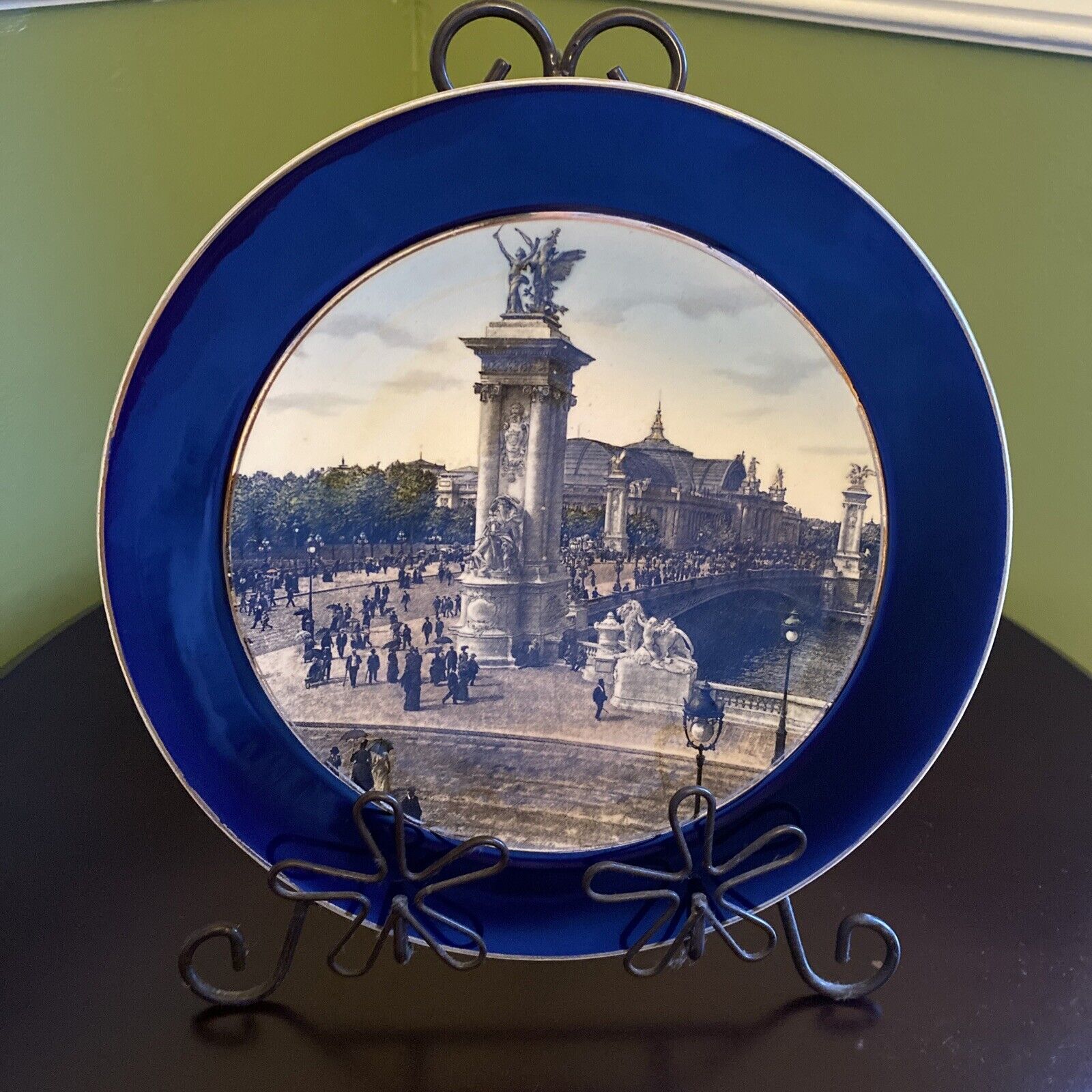 Antique Pont Alexandre III, Paris Sarreguemines Porcelain Cobalt Blue Plate 1900