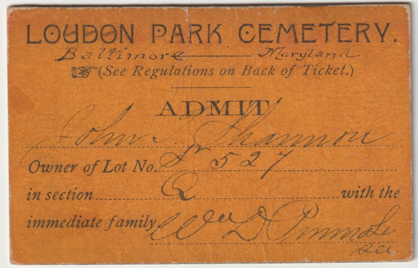 RARE Loudon Park Cemetery  Admission Pass Civil war Era / Baltimore MD / Shannon