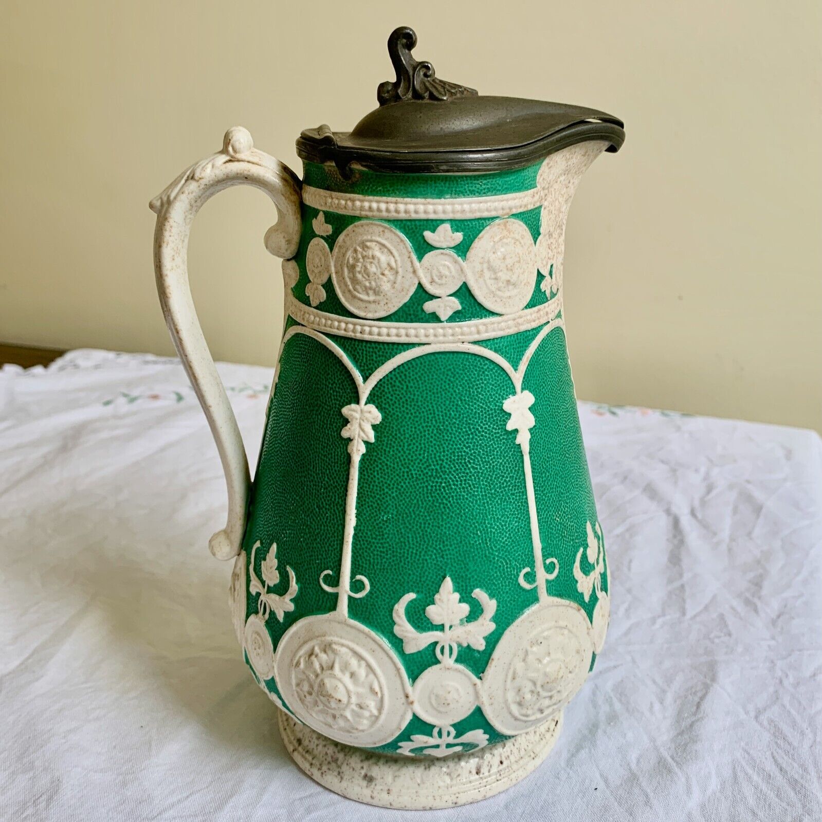 Antique Ashworth Green & White Parian Pitcher with Pewter Lid