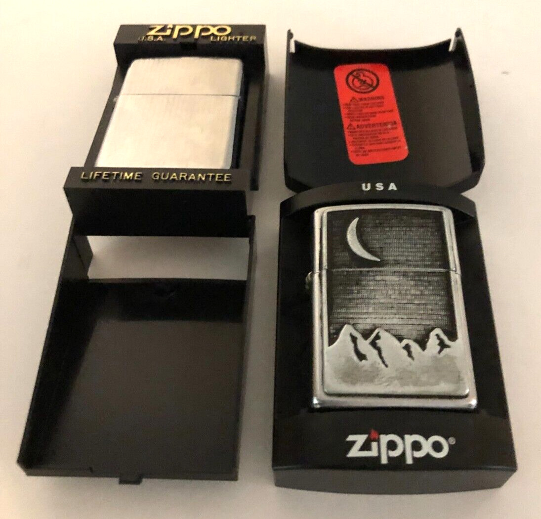 Lot of 2 Zippo Lighters, Moon & Mountains (2000) and Plain Ribbed